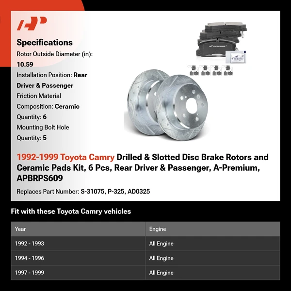 1992-1999 Toyota Camry Drilled & Slotted Disc Brake Rotors and Ceramic Pads Kit, 6 Pcs, Rear Driver & Passenger, A-Premium, APBRPS609