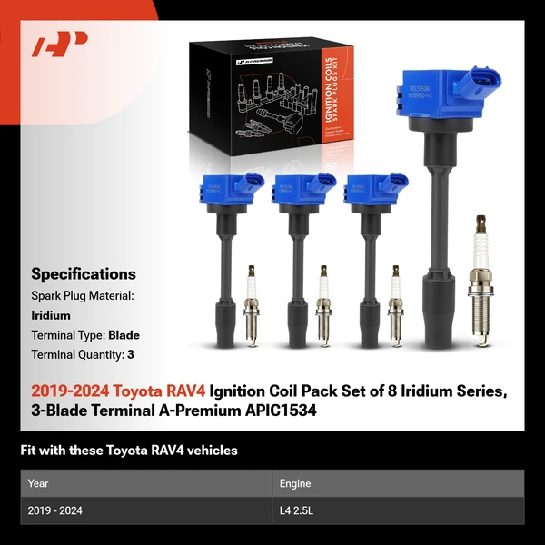 2019-2024 Toyota RAV4 Ignition Coil Pack Set of 8 Iridium Series, 3-Blade Terminal A-Premium APIC1534