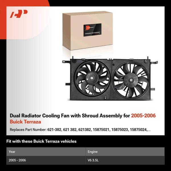 Dual Radiator Cooling Fan with Shroud Assembly for 2005-2006 Buick Terraza
