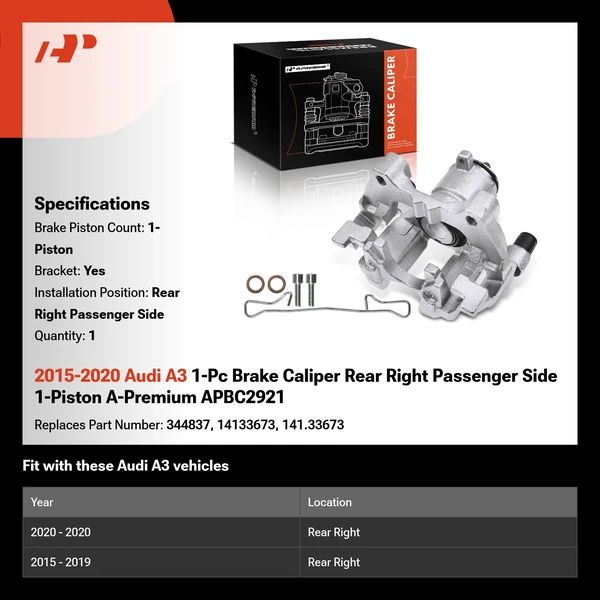 2015-2020 Audi A3 1-Pc Brake Caliper Rear Right Passenger Side 1-Piston A-Premium APBC2921