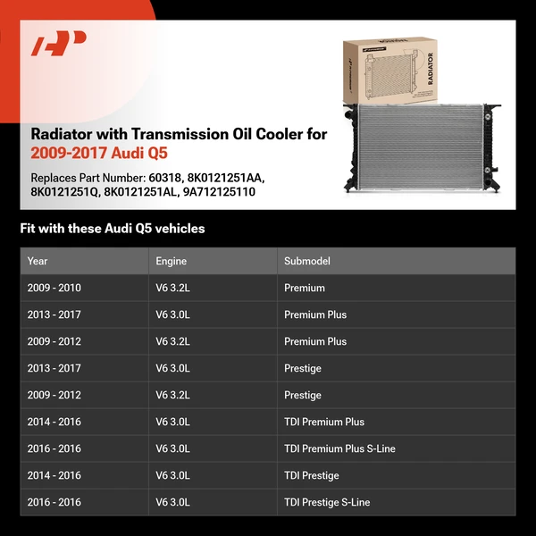 Radiator with Transmission Oil Cooler for 2009-2017 Audi Q5