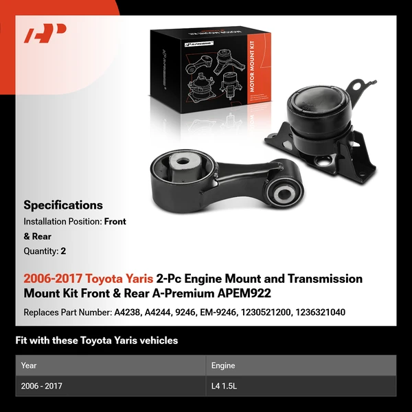 2006-2017 Toyota Yaris 2-Pc Engine Mount and Transmission Mount Kit Front & Rear A-Premium APEM922