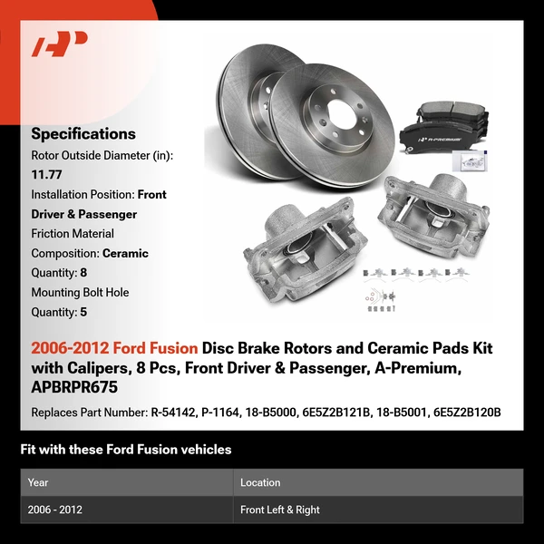 2006-2012 Ford Fusion Disc Brake Rotors and Ceramic Pads Kit with Calipers, 8 Pcs, Front Driver & Passenger, A-Premium, APBRPR675