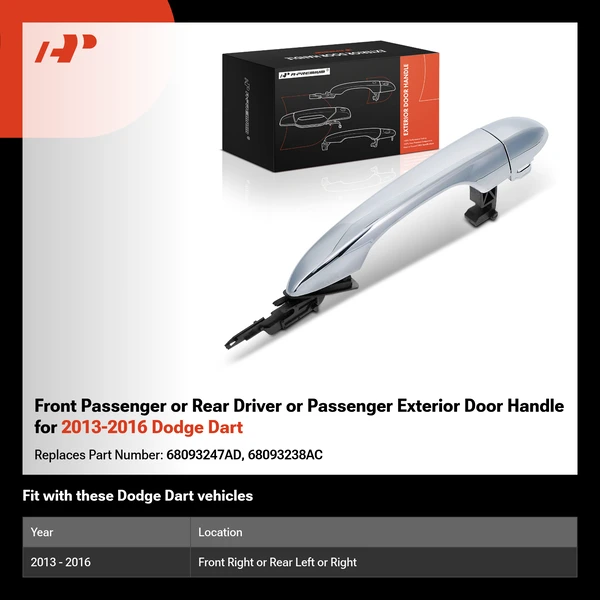 Front Passenger or Rear Driver or Passenger Exterior Door Handle for 2013-2016 Dodge Dart