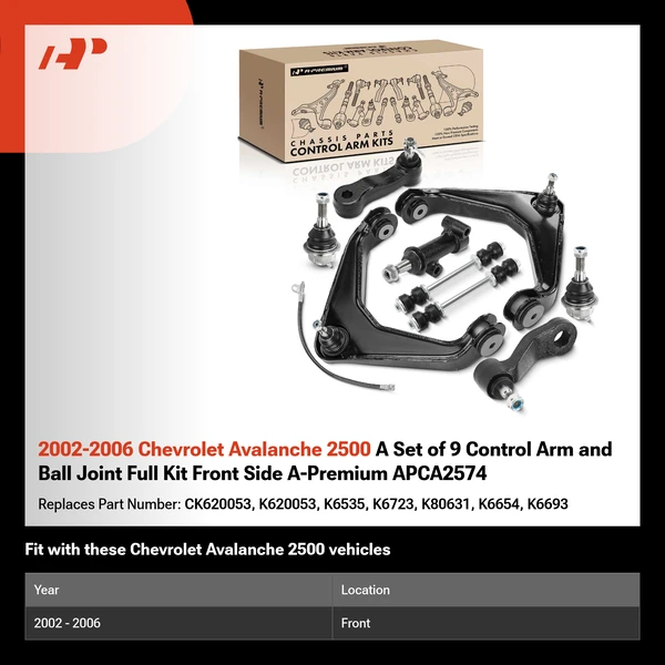 2002-2006 Chevrolet Avalanche 2500 A Set of 9 Control Arm and Ball Joint Full Kit Front Side A-Premium APCA2574