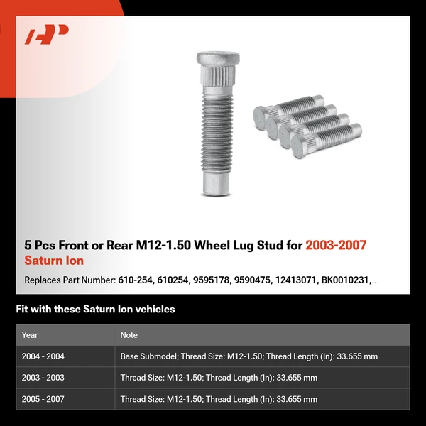 5 Pcs Front or Rear M12-1.50 Wheel Lug Stud for 2003-2007 Saturn Ion