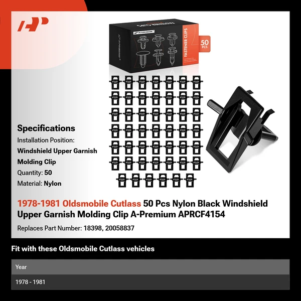 1978-1981 Oldsmobile Cutlass 50 Pcs Nylon Black Windshield Upper Garnish Molding Clip A-Premium APRCF4154