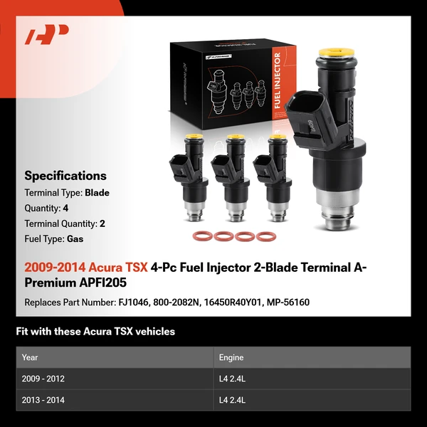 2009-2014 Acura TSX 4-Pc Fuel Injector 2-Blade Terminal A-Premium APFI205