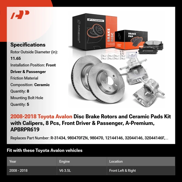 2008-2018 Toyota Avalon Disc Brake Rotors and Ceramic Pads Kit with Calipers, 8 Pcs, Front Driver & Passenger, A-Premium, APBRPR619