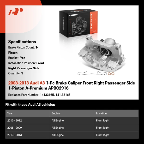 2008-2013 Audi A3 1-Pc Brake Caliper Front Right Passenger Side 1-Piston A-Premium APBC2916