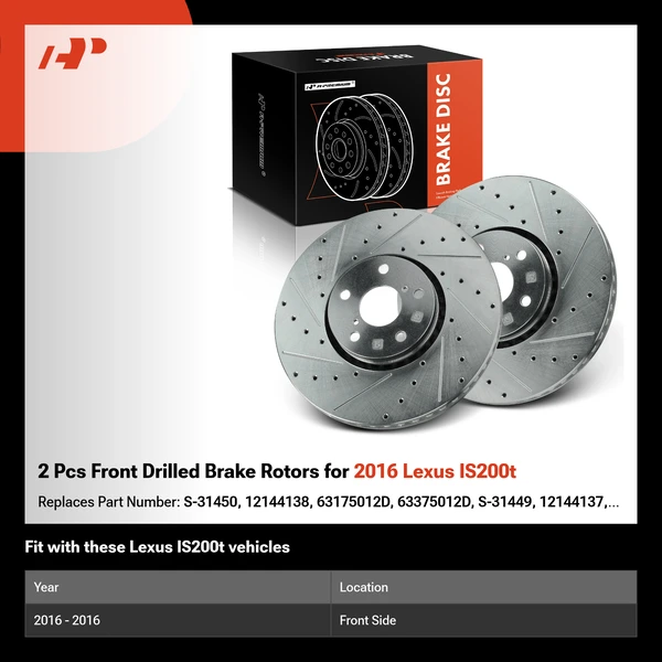 2 Pcs Front Drilled Brake Rotors for 2016 Lexus IS200t
