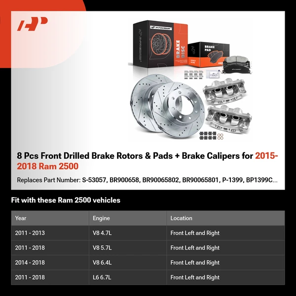 8 Pcs Front Drilled Brake Rotors & Pads + Brake Calipers for 2015-2018 Ram 2500