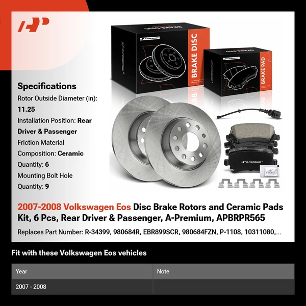 2007-2008 Volkswagen Eos Disc Brake Rotors and Ceramic Pads Kit, 6 Pcs, Rear Driver & Passenger, A-Premium, APBRPR565