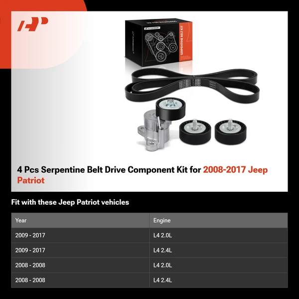 4 Pcs Serpentine Belt Drive Component Kit for 2008-2017 Jeep Patriot