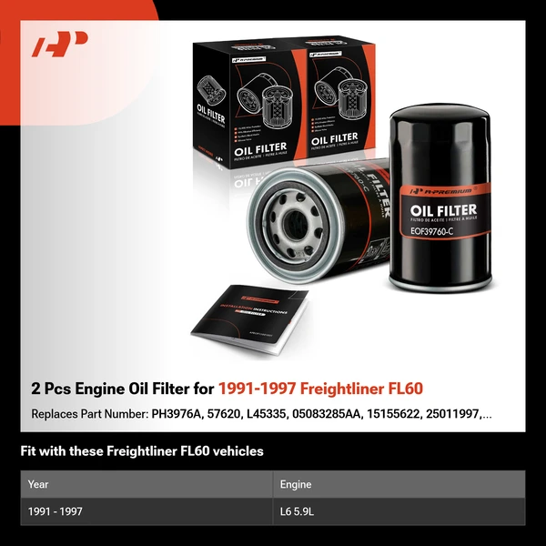 2 Pcs Engine Oil Filter for 1991-1997 Freightliner FL60