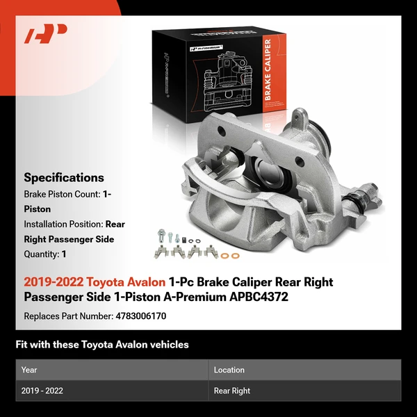 2019-2022 Toyota Avalon 1-Pc Brake Caliper Rear Right Passenger Side 1-Piston A-Premium APBC4372
