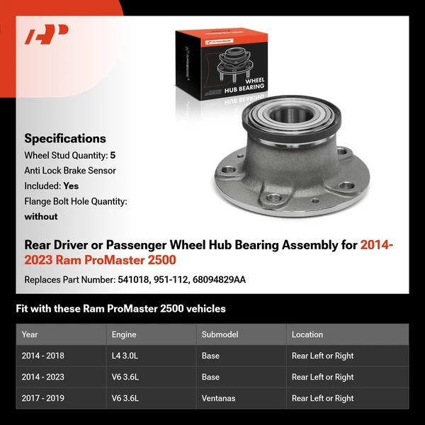 Rear Driver or Passenger Wheel Hub Bearing Assembly for 2014-2023 Ram ProMaster 2500