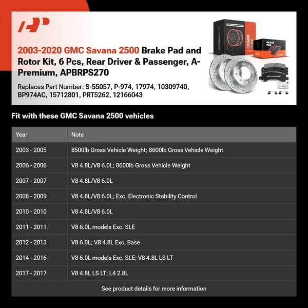 2003-2020 GMC Savana 2500 Brake Pad and Rotor Kit, 6 Pcs, Rear Driver & Passenger, A-Premium, APBRPS270