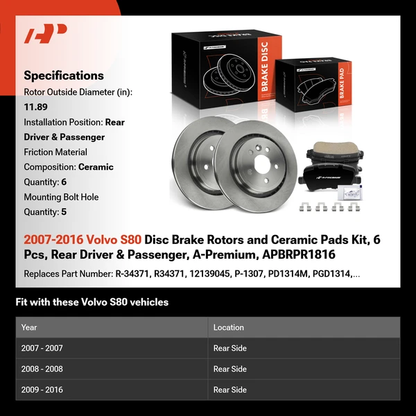 2007-2016 Volvo S80 Disc Brake Rotors and Ceramic Pads Kit, 6 Pcs, Rear Driver & Passenger, A-Premium, APBRPR1816