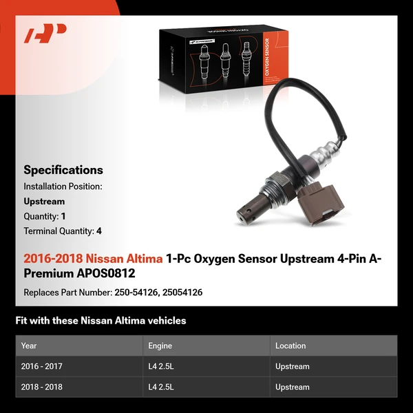2016-2018 Nissan Altima 1-Pc Oxygen Sensor Upstream 4-Pin A-Premium APOS0812