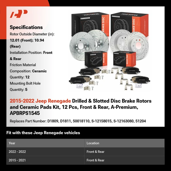 2015-2022 Jeep Renegade Drilled & Slotted Disc Brake Rotors and Ceramic Pads Kit, 12 Pcs, Front & Rear, A-Premium, APBRPS1545