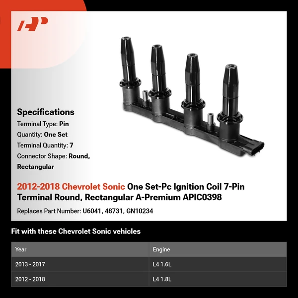 2012-2018 Chevrolet Sonic One Set-Pc Ignition Coil 7-Pin Terminal Round, Rectangular A-Premium APIC0398