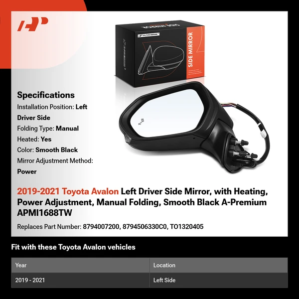2019-2021 Toyota Avalon Left Driver Side Mirror, with Heating, Power Adjustment, Manual Folding, Smooth Black A-Premium APMI1688TW