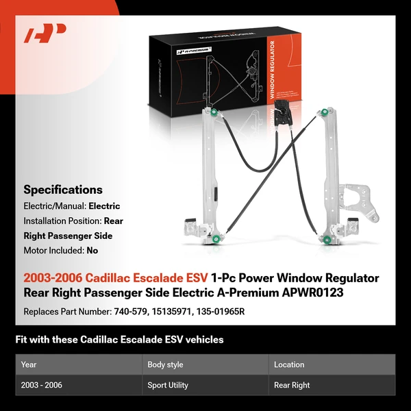 2003-2006 Cadillac Escalade ESV 1-Pc Power Window Regulator Rear Right Passenger Side Electric A-Premium APWR0123