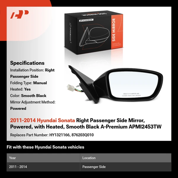 2011-2014 Hyundai Sonata Right Passenger Side Mirror, Powered, with Heated, Smooth Black A-Premium APMI2453TW