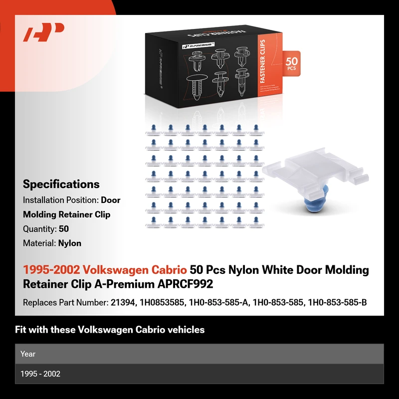 1995-2002 Volkswagen Cabrio 50 Pcs Nylon White Door Molding Retainer Clip A-Premium APRCF992