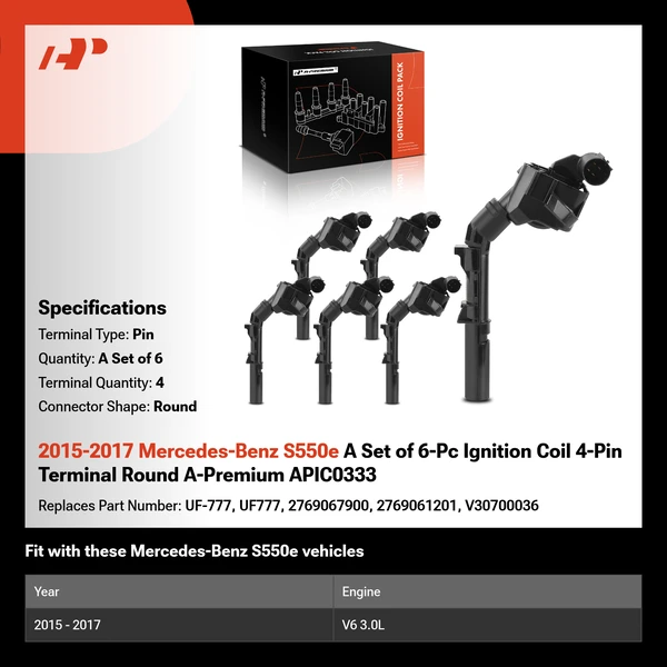 2015-2017 Mercedes-Benz S550e A Set of 6-Pc Ignition Coil 4-Pin Terminal Round A-Premium APIC0333