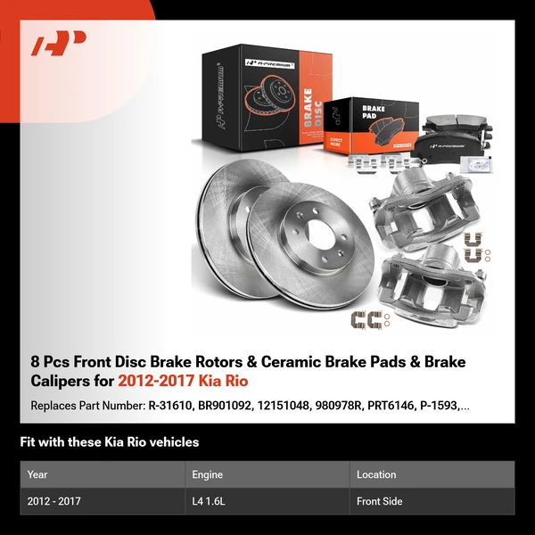 8 Pcs Front Disc Brake Rotors & Ceramic Brake Pads & Brake Calipers for 2012-2017 Kia Rio