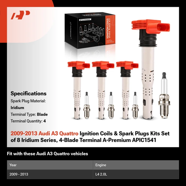 2009-2013 Audi A3 Quattro Ignition Coils & Spark Plugs Kits Set of 8 Iridium Series, 4-Blade Terminal A-Premium APIC1541