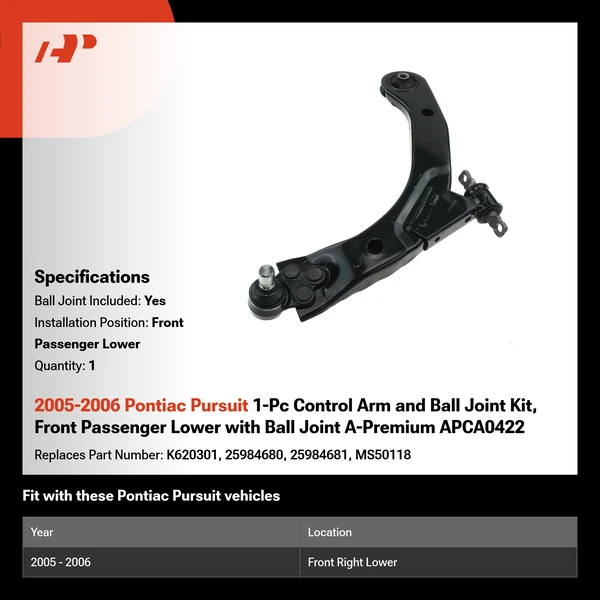 2005-2006 Pontiac Pursuit 1-Pc Control Arm and Ball Joint Kit, Front Passenger Lower with Ball Joint A-Premium APCA0422