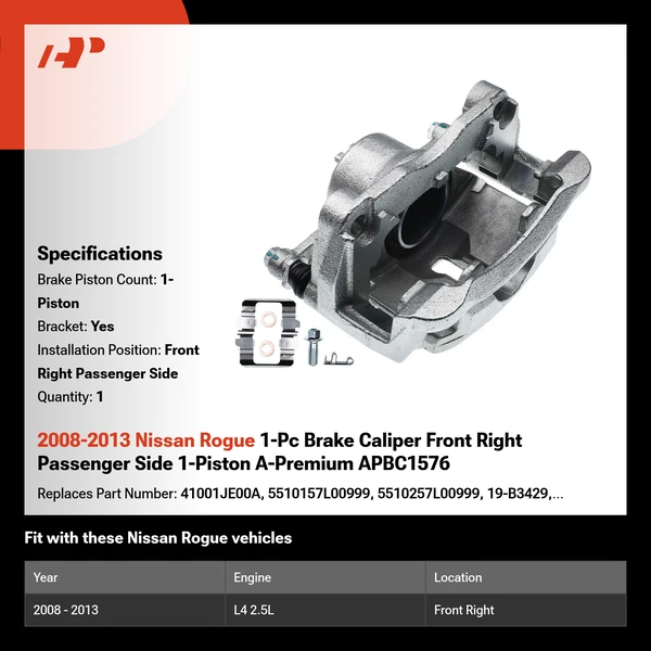 2008-2013 Nissan Rogue 1-Pc Brake Caliper Front Right Passenger Side 1-Piston A-Premium APBC1576