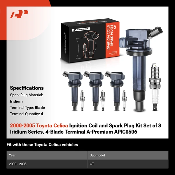 2000-2005 Toyota Celica Ignition Coil and Spark Plug Kit Set of 8 Iridium Series, 4-Blade Terminal A-Premium APIC0506