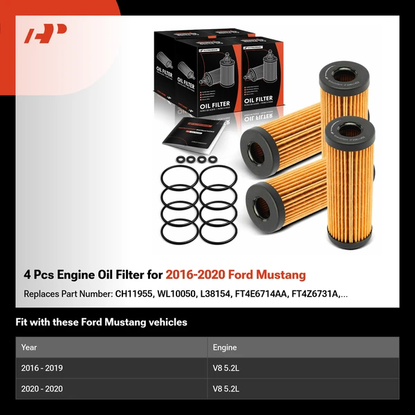 4 Pcs Engine Oil Filter for 2016-2020 Ford Mustang