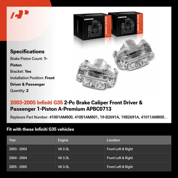 2003-2005 Infiniti G35 2-Pc Brake Caliper Front Driver & Passenger 1-Piston A-Premium APBC0713