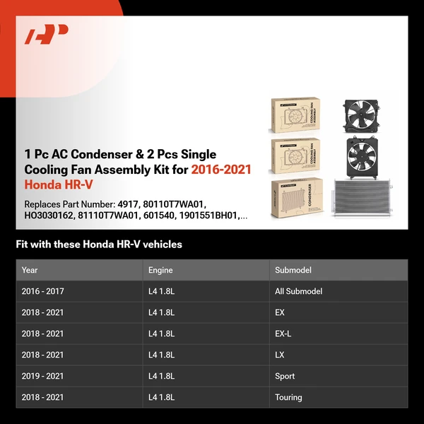 1 Pc AC Condenser & 2 Pcs Single Cooling Fan Assembly Kit for 2016-2021 Honda HR-V