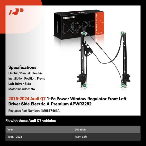 2016-2024 Audi Q7 1-Pc Power Window Regulator Front Left Driver Side Electric A-Premium APWR3282