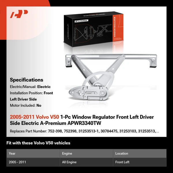 2005-2011 Volvo V50 1-Pc Window Regulator Front Left Driver Side Electric A-Premium APWR3340TW