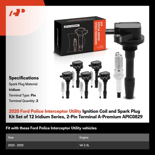 2020 Ford Police Interceptor Utility Ignition Coil and Spark Plug Kit Set of 12 Iridium Series, 2-Pin Terminal A-Premium APIC0829