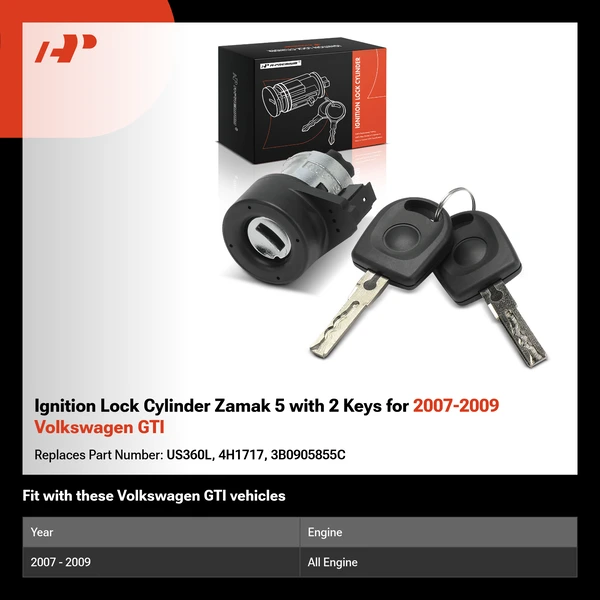 Ignition Lock Cylinder Zamak 5 with 2 Keys for 2007-2009 Volkswagen GTI