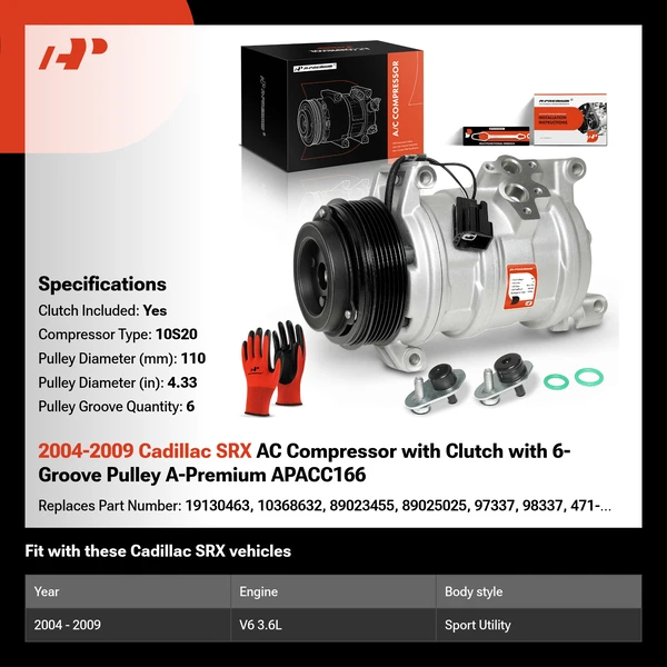 2004-2009 Cadillac SRX AC Compressor with Clutch with 6-Groove Pulley A-Premium APACC166