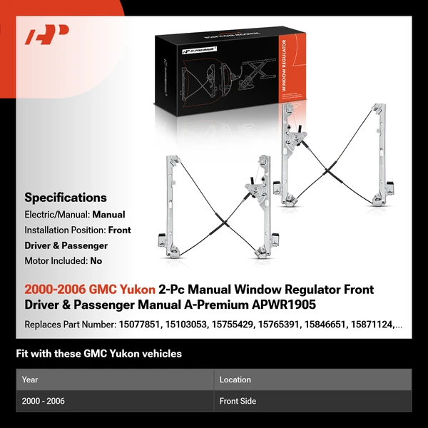 2000-2006 GMC Yukon 2-Pc Manual Window Regulator Front Driver & Passenger Manual A-Premium APWR1905