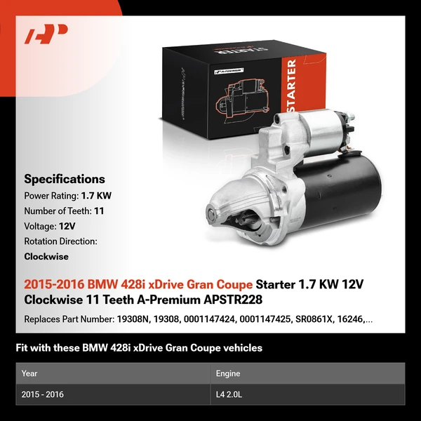 2015-2016 BMW 428i xDrive Gran Coupe Starter 1.7 KW 12V Clockwise 11 Teeth A-Premium APSTR228