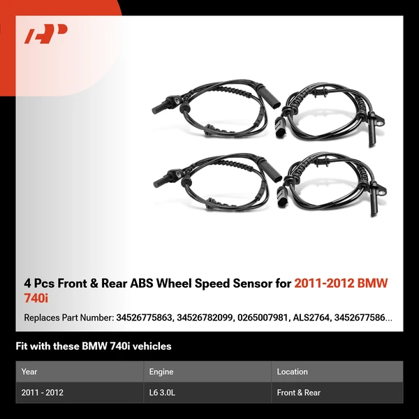 4 Pcs Front & Rear ABS Wheel Speed Sensor for 2011-2012 BMW 740i