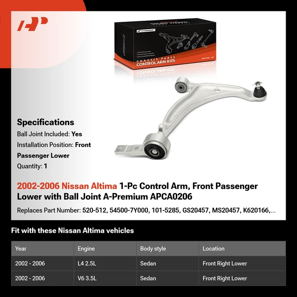 2002-2006 Nissan Altima 1-Pc Control Arm, Front Passenger Lower with Ball Joint A-Premium APCA0206