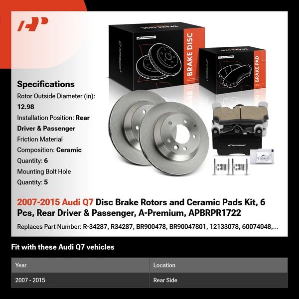 2007-2015 Audi Q7 Disc Brake Rotors and Ceramic Pads Kit, 6 Pcs, Rear Driver & Passenger, A-Premium, APBRPR1722