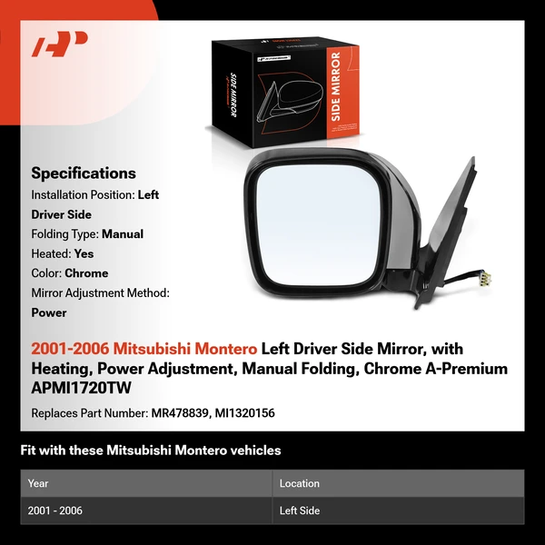 2001-2006 Mitsubishi Montero Left Driver Side Mirror, with Heating, Power Adjustment, Manual Folding, Chrome A-Premium APMI1720TW